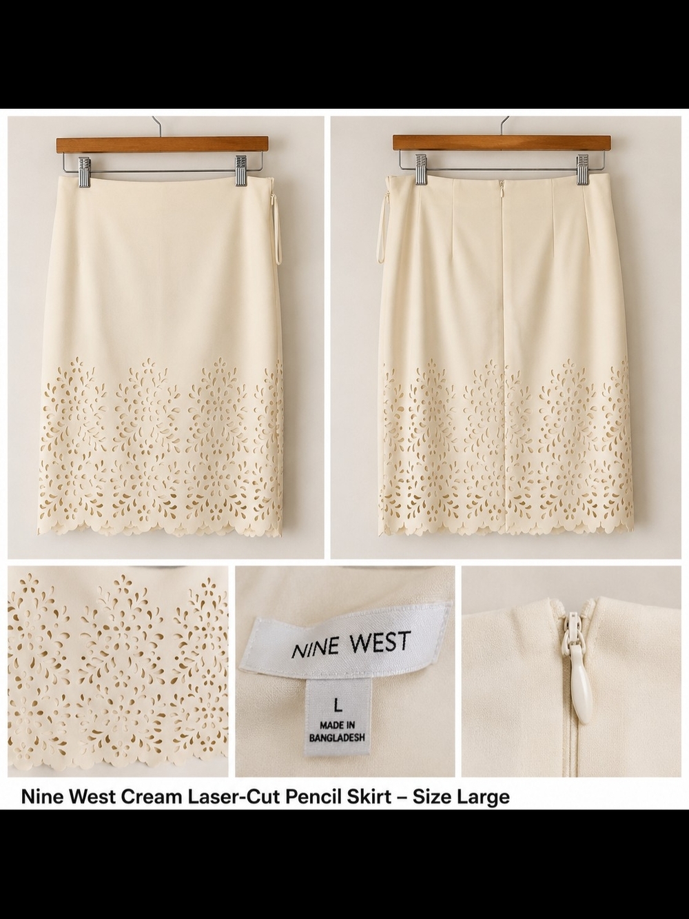 Nine West Cream Pencil Skirt with Laser-Cut Hem